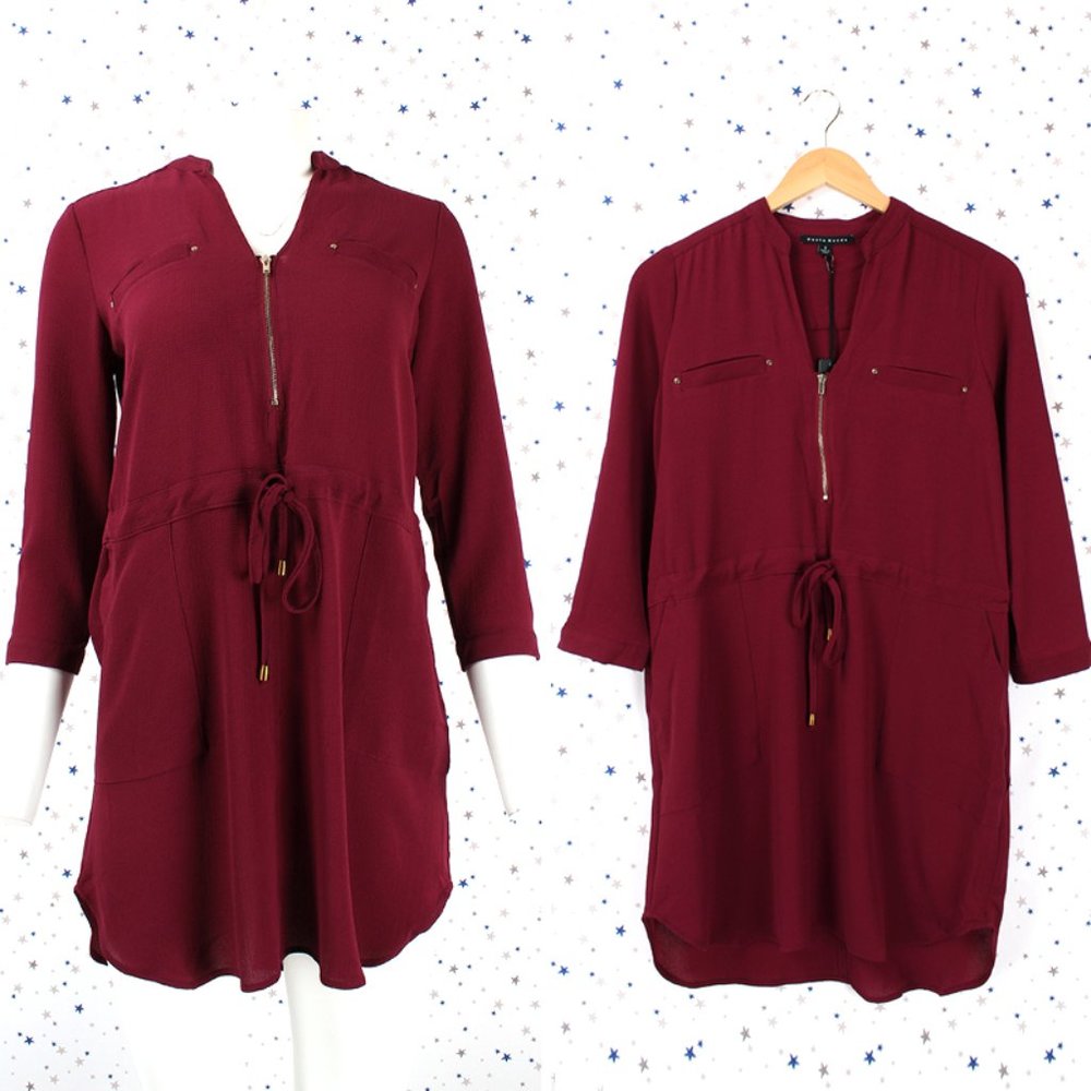 3/4 Sleeve Zipper Front Tunic Shirt Dress Burgundy